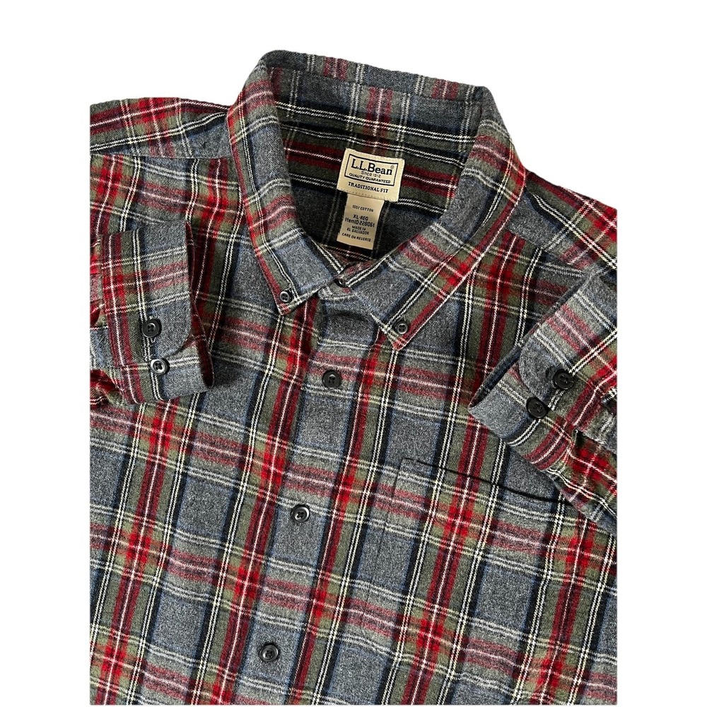 LL Bean 228061 Traditional Fit Flannel Shirt Gray Red Scotch Plaid Men's Sz XL